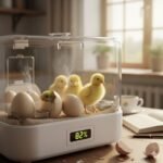 Keli ką tik išsiritę geltoni ančiukai ir vienas dar besiritantis iš kiaušinio skaidriame naminiame inkubatoriuje, kurio ekranas rodo 82% drėgmę.