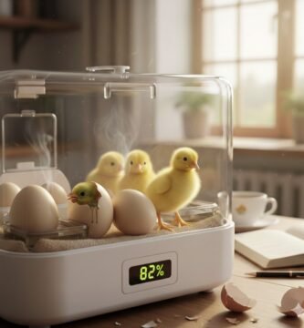Keli ką tik išsiritę geltoni ančiukai ir vienas dar besiritantis iš kiaušinio skaidriame naminiame inkubatoriuje, kurio ekranas rodo 82% drėgmę.
