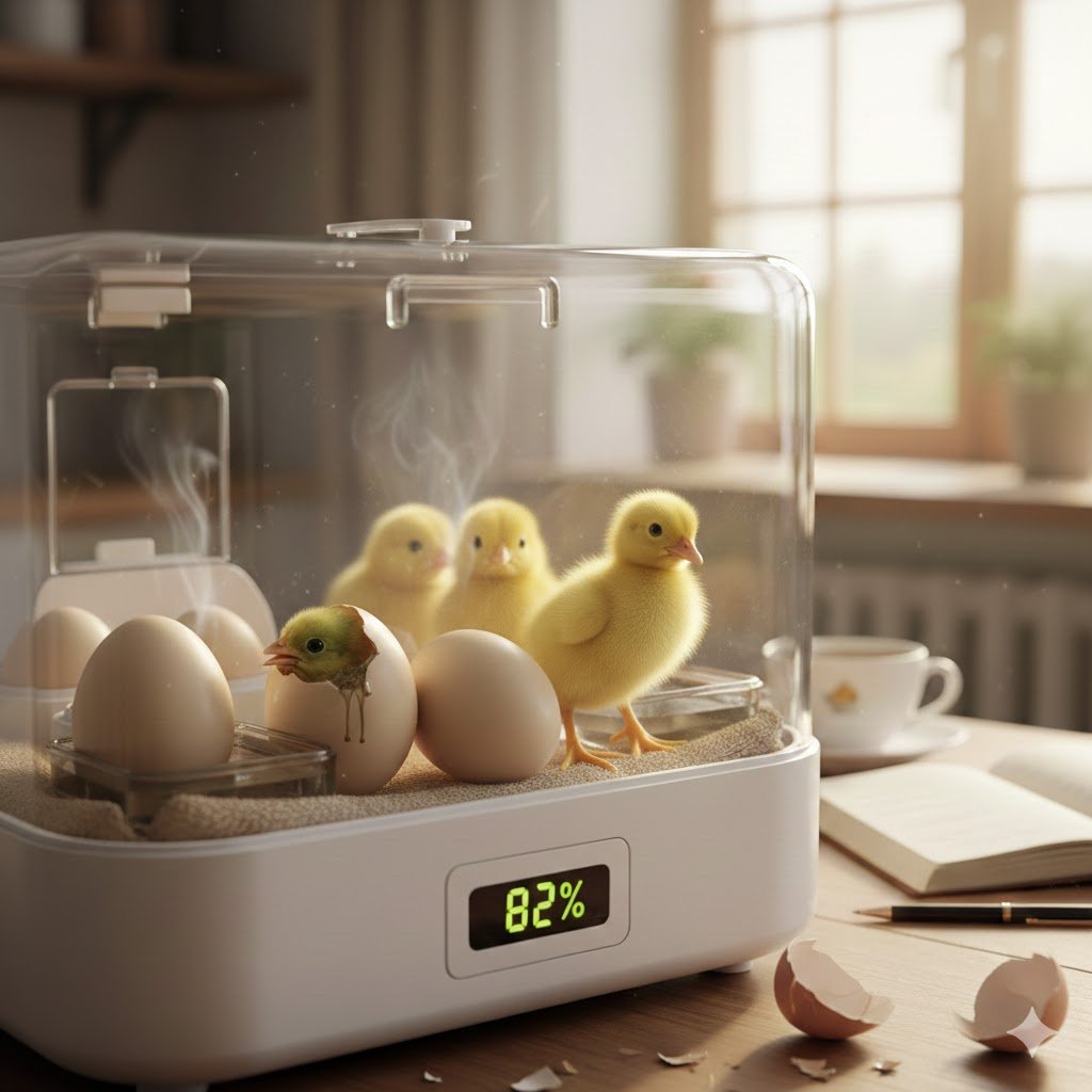 Keli ką tik išsiritę geltoni ančiukai ir vienas dar besiritantis iš kiaušinio skaidriame naminiame inkubatoriuje, kurio ekranas rodo 82% drėgmę.